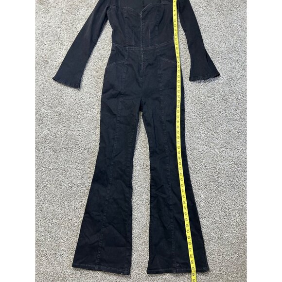 Free People Karly Jumpsuit Night Rider MD Long Sleeve Open Back Flare Leg Denim - Picture 11 of 14